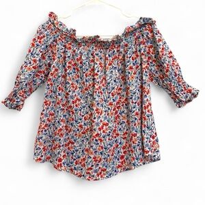 2/$15 St. John's Bay - Red Blue Floral Off Shoulder Blouse | Size Small Petite